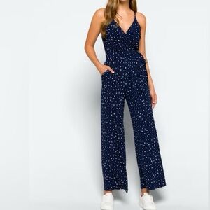 Kaileigh ROCHELLE Navy Polka Dot Wrap Style Jumpsuit – Size Small